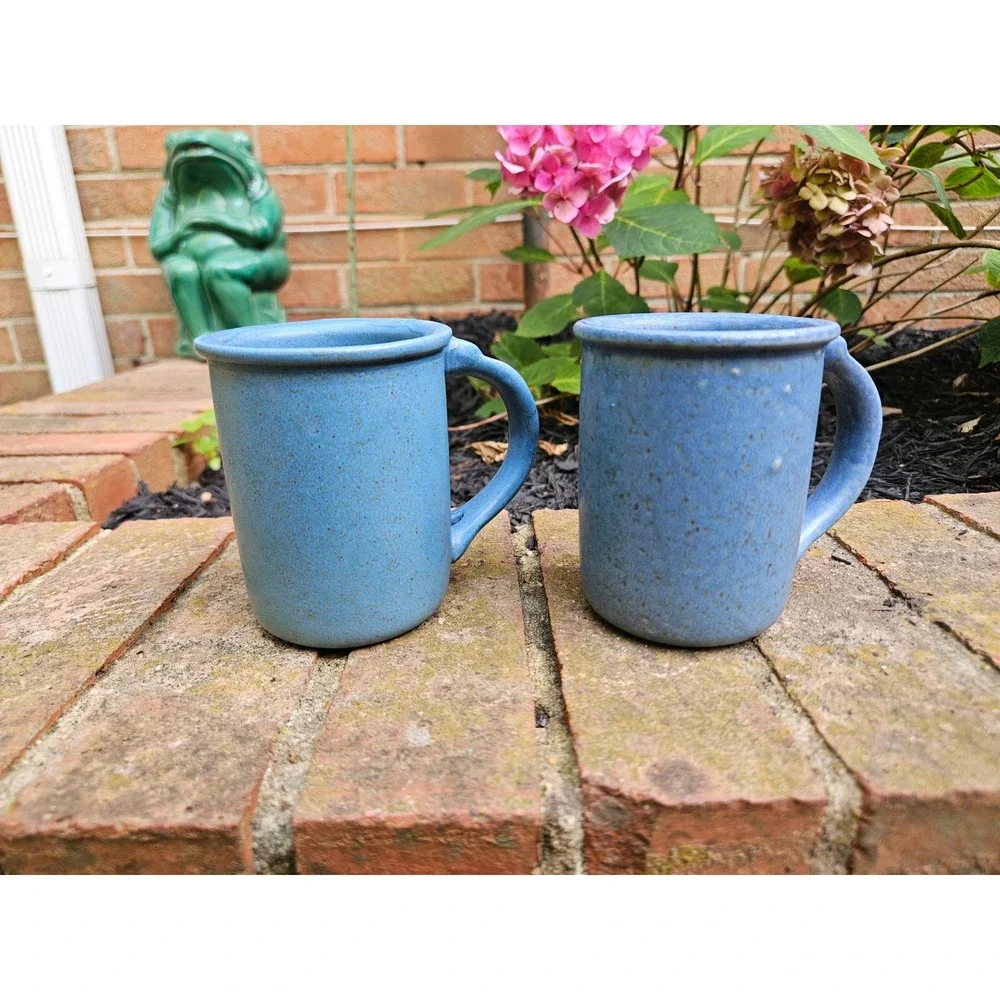 Vintage Bennington Pottery Blue Agate Stoneware Mugs, Set of 2